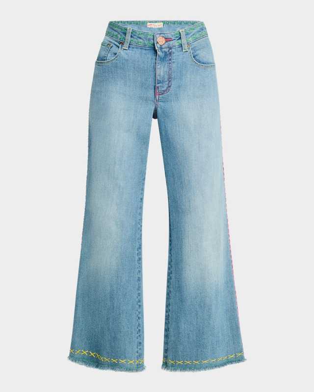 Contrast Stitched Wide-Leg Cropped Jeans